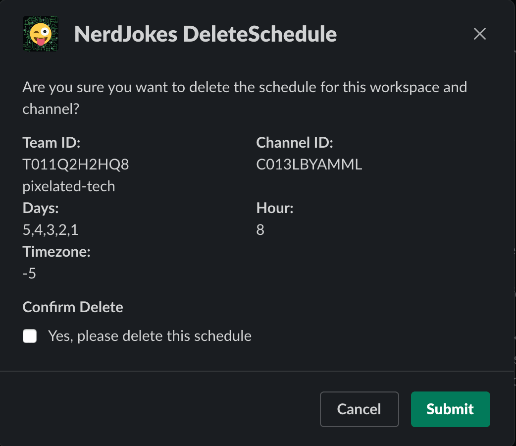 NerdJokes Delete Joke Schedule