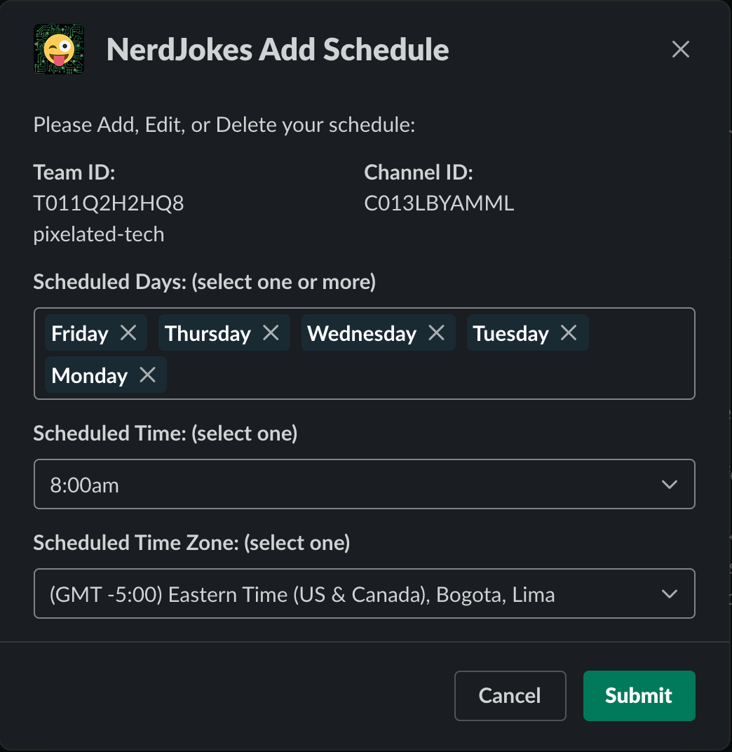 NerdJokes Add Joke Schedule